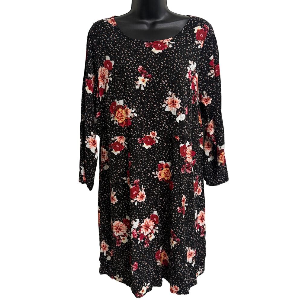 Torrid Women Plus Size Dress 2X Shift Tunic Black Floral 3/4 Scoop Neck EUC